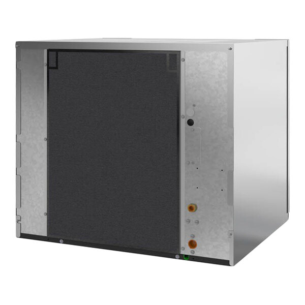 An air-cooled commercial ice machine with a stainless steel exterior and a black front panel.