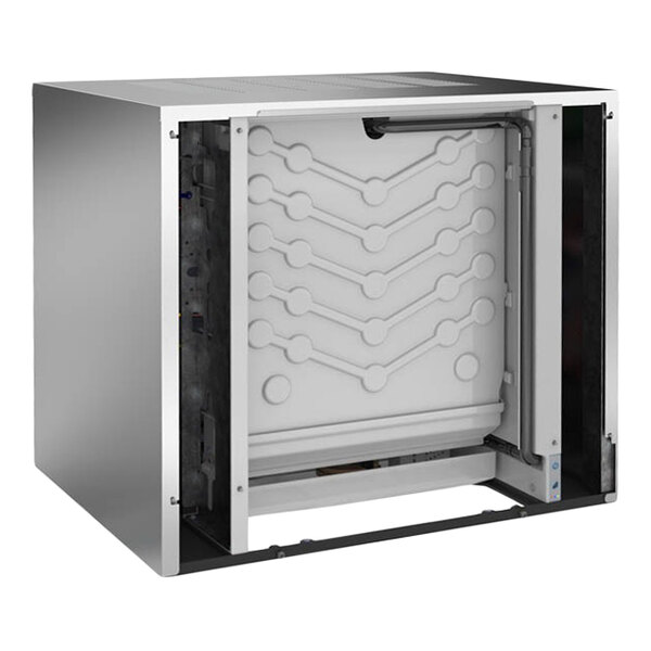 A commercial ice machine with a stainless steel exterior and an exposed internal ice-making compartment.