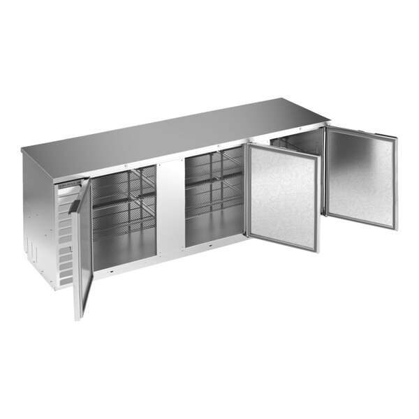 A Beverage-Air stainless steel back bar refrigerator with open doors.