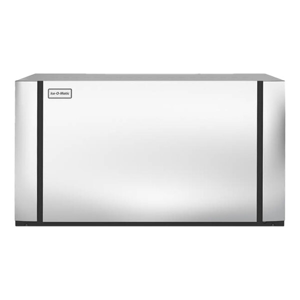 A large, rectangular, stainless steel commercial ice machine.