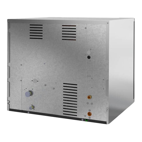 An industrial remote-cooled ice machine with a metal exterior and vented panels.