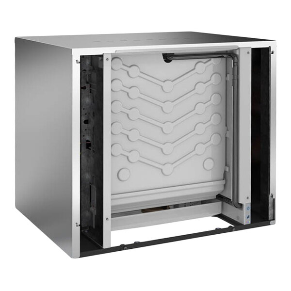 An industrial ice machine with a stainless steel exterior and an open front showing the internal ice-making compartment.