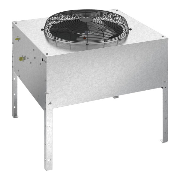 A metal remote condenser unit with a top-mounted fan, designed for select Ice-O-Matic ice machines.