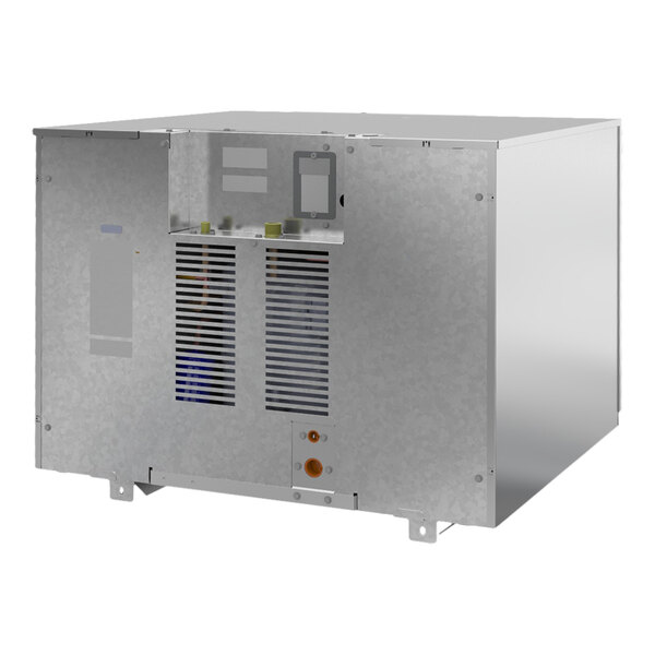 An industrial remote-cooled ice machine with a metal exterior and vented panel, designed for high-capacity ice production.
