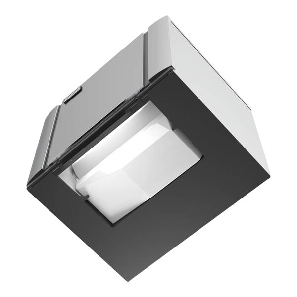 An industrial ice machine with a square, metallic exterior designed for producing half dice cube ice.