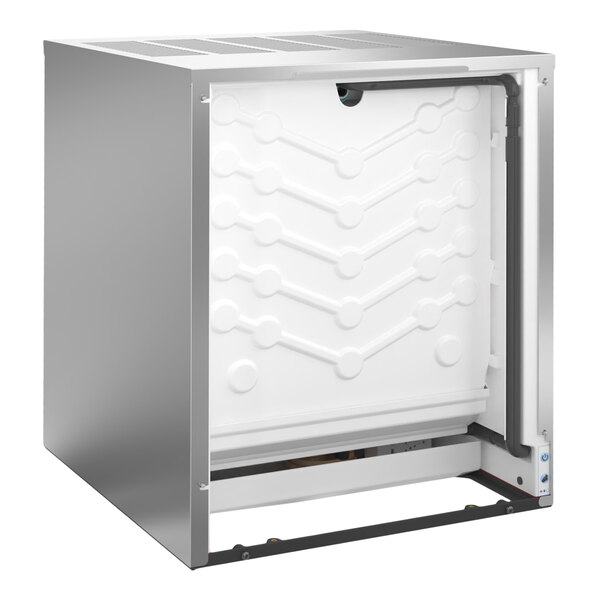 An air-cooled commercial ice machine with a stainless steel exterior and a white internal ice-making surface.