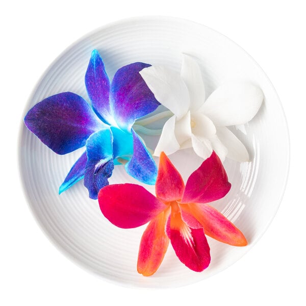 A white plate with three decorative orchid flowers in blue, white, and red colors.