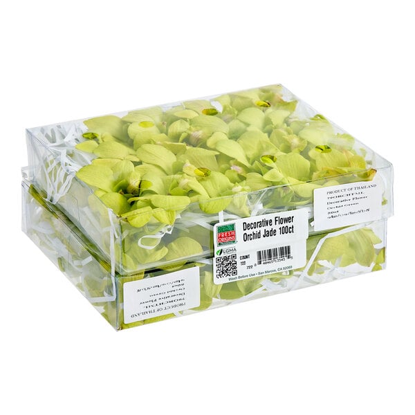 A clear plastic box containing 100 fresh jade-colored decorative edible orchids.