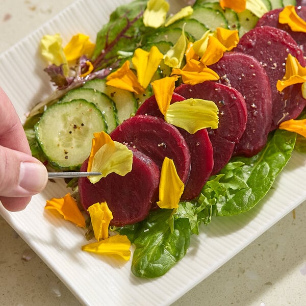 A plate of salad garnished with Fresh Origins Premium Confetti Edible Flowers, featuring colorful flower petals on top of sliced beets, cucumbers, and greens.