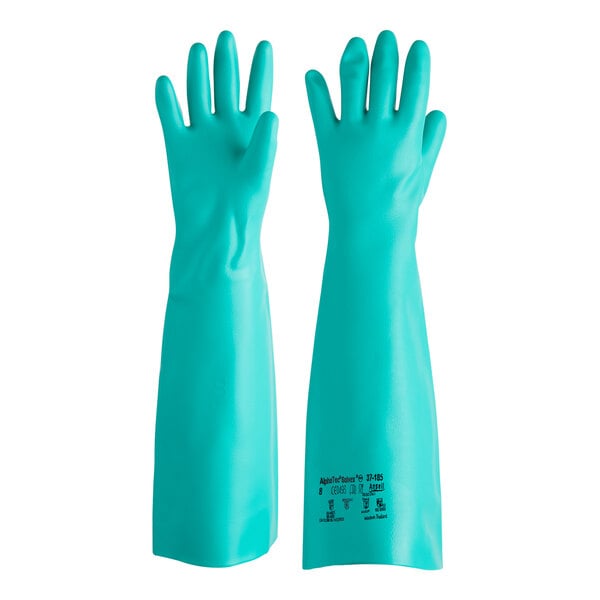 A pair of long green nitrile gloves designed for chemical protection.