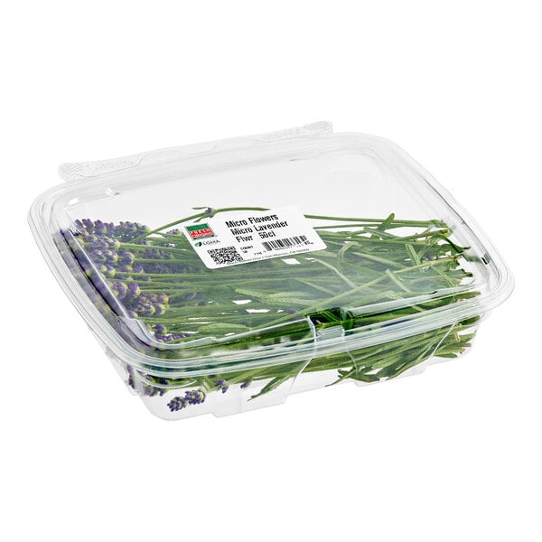 A plastic container of Fresh Origins lavender edible flowers.