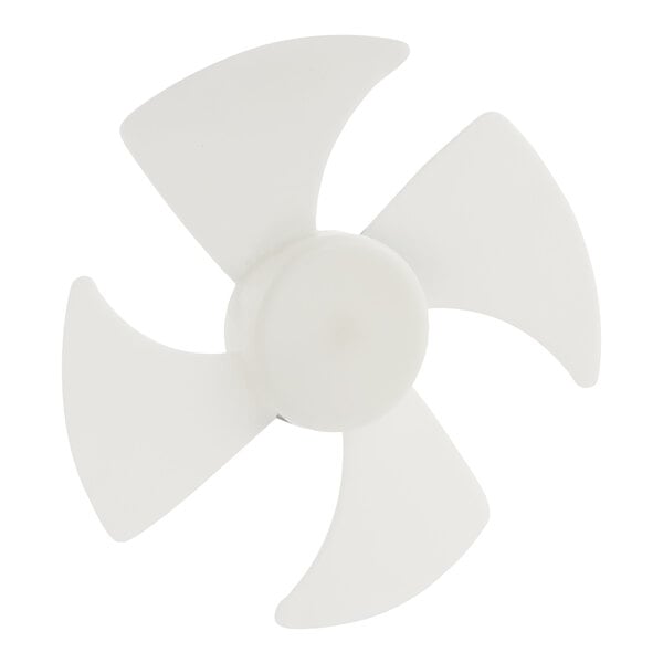 A white four-blade evaporator fan blade.