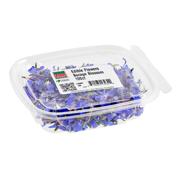 A clear plastic container filled with Fresh Origins Borage Blossom edible flowers.