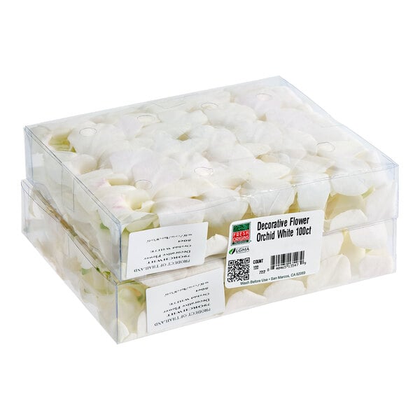 A case of 100 fresh white decorative edible orchid flowers packaged in clear plastic boxes.