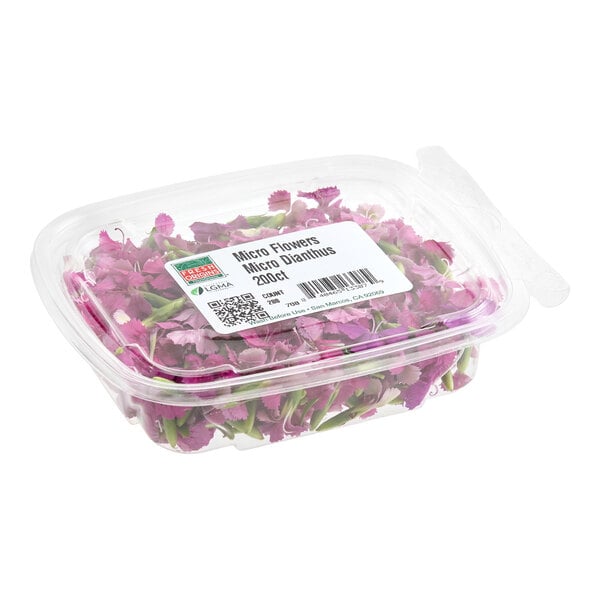 A clear plastic container filled with Fresh Origins Micro Dianthus edible flowers.
