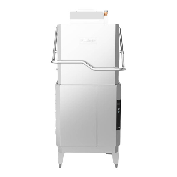A commercial stainless steel door-type high temperature ventless dishwasher with a built-in booster heater.