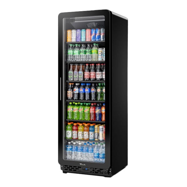 A black refrigerated glass door merchandiser with LED lighting, stocked with assorted beverages.