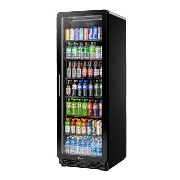 A black refrigerated glass door merchandiser filled with assorted beverages and featuring LED lighting.