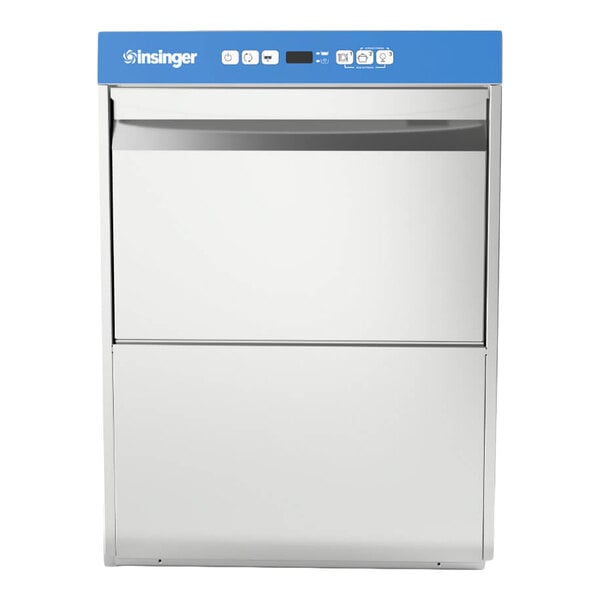 A stainless steel undercounter dishwasher with a blue control panel labeled 'Insinger'.