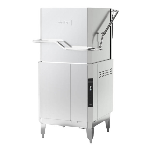 A commercial high-temperature door-type dishwasher with a high hood and booster heater.