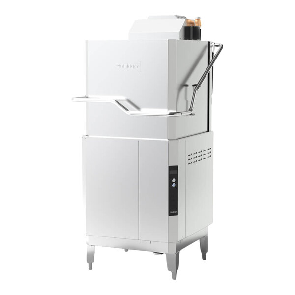 A commercial high temperature ventless door type dishwasher with a high hood and integrated booster heater.
