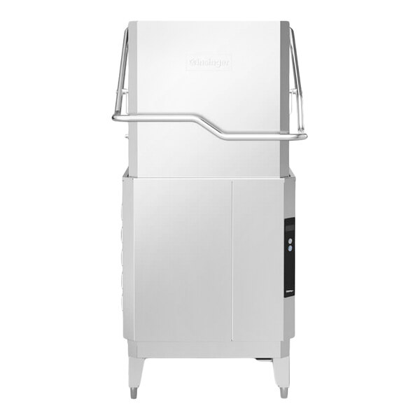 A commercial door-type high temperature dishwasher with a stainless steel exterior and a built-in booster heater.
