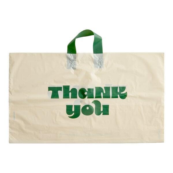 A beige plastic shopping bag with green soft loop handles and the words 'Thank You' printed in green on the front.
