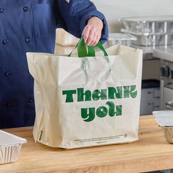 Choice 24" x 11" x 14" Beige "Thank You" Standard-Duty Plastic Soft Loop Handle Bag - 250/Case