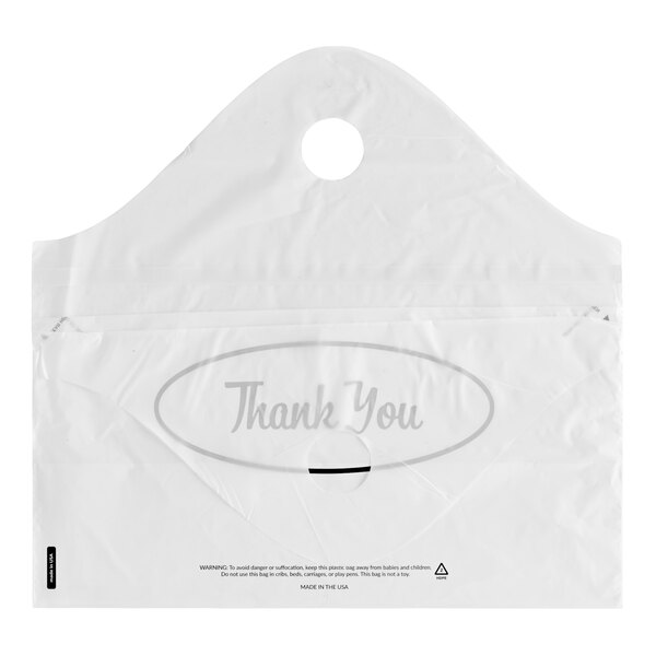 A white plastic tamper-evident wavetop bag with a 'Thank You' message printed on it.