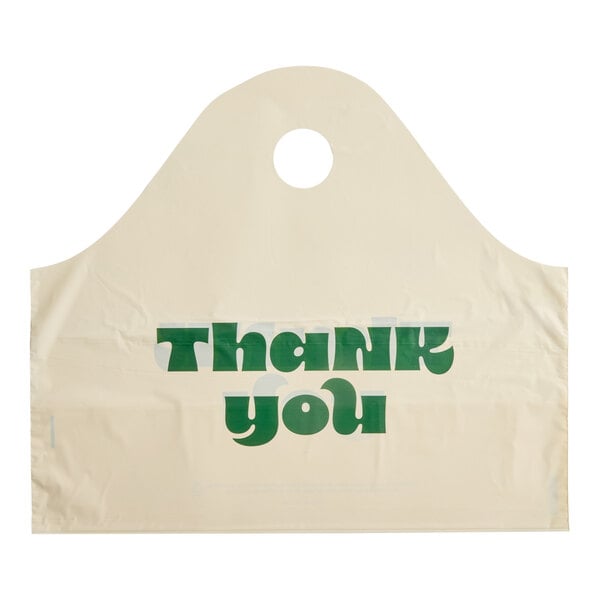 A beige plastic wavetop bag with a circular handle cutout and the words 'Thank You' printed in green on the front.