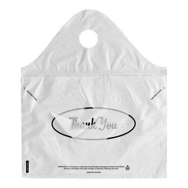 A white tamper-evident plastic wavetop bag with a 'Thank You' message printed on the front.
