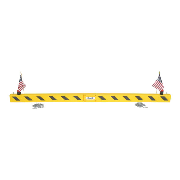 A yellow and black overhead door guard with two American flags and blinking lights.