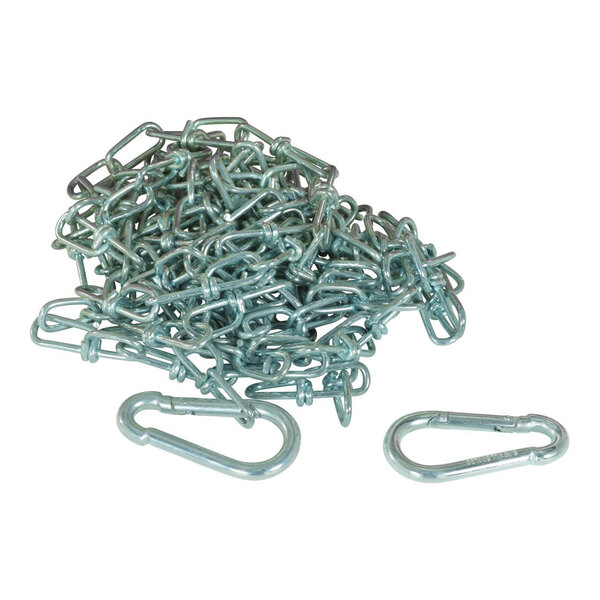 A pile of metal chain links with two carabiner hooks placed beside it.