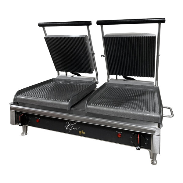 A double sandwich grill with grooved cast iron plates and two hinged top plates, designed for commercial use.