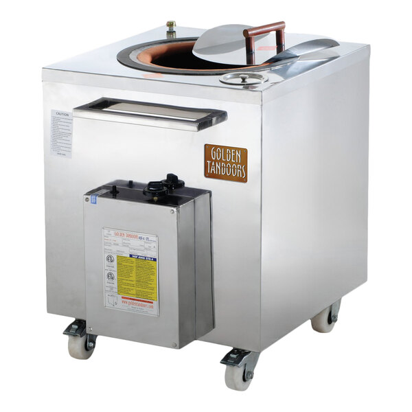 A stainless steel Golden Tandoor GT7100 LP 28-inch liquid propane tandoor oven on wheels.