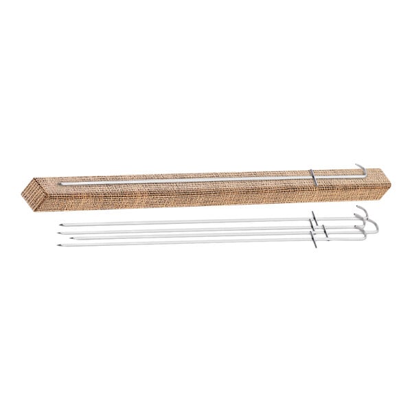 A set of square, very thin stainless steel tandoor skewers with a textured storage case.