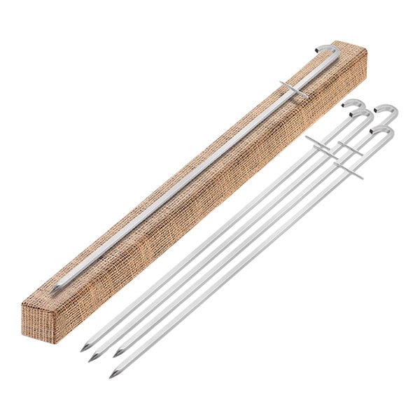 A set of four square thick tandoori kebab skewers with a textured storage box.
