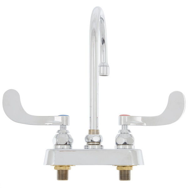 A T&S chrome deck-mount faucet with gooseneck spout and wrist action handles.