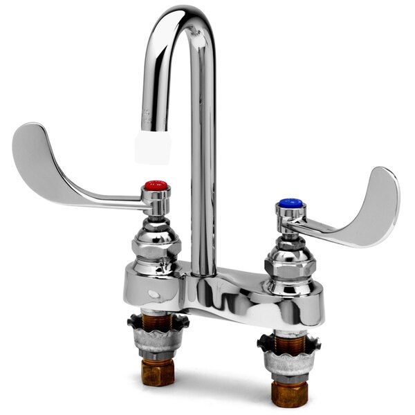 A T&S chrome deck mount medical faucet with gooseneck spout and wrist action handles.