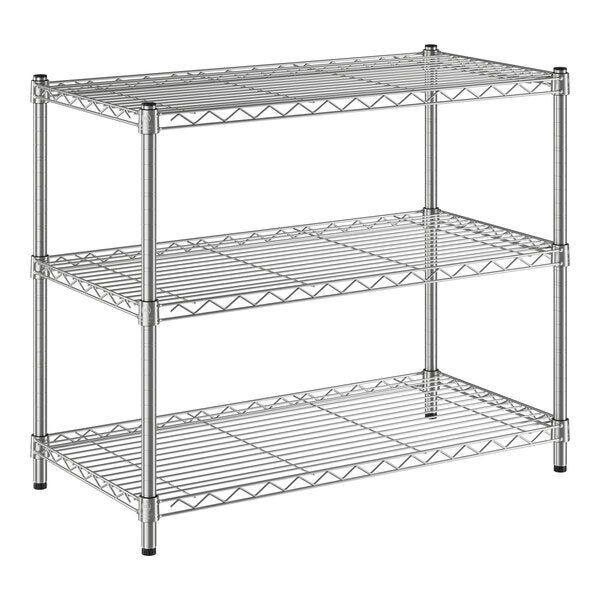 A three-tier chrome wire utility shelving unit with adjustable shelves and four posts.