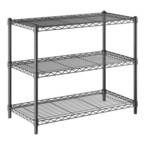 A black epoxy-coated utility shelving unit with three wire shelves and four vertical posts.