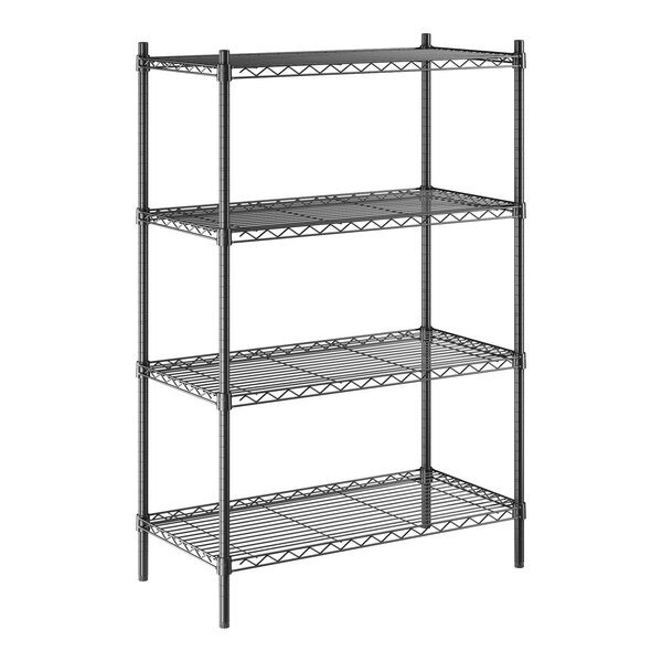 A black epoxy-coated metal utility shelving unit with four wire shelves and four vertical posts.