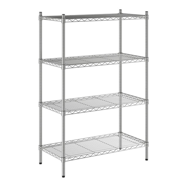 A chrome utility shelving unit with four wire shelves and four vertical posts.