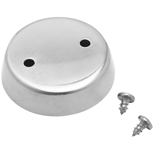 A silver T&S vacuum breaker hood assembly with screws and a stainless steel knob.