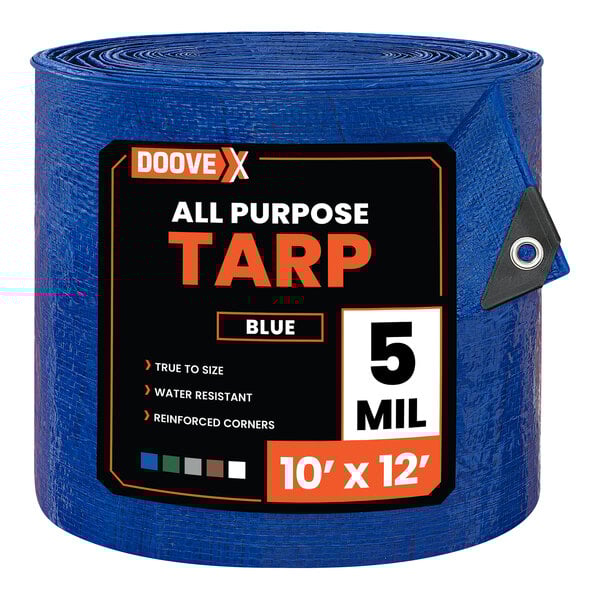 A rolled blue all-purpose polyethylene tarp measuring 10 feet by 12 feet.