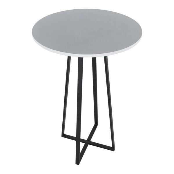 A round white bar height table with a black metal base.