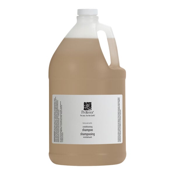 A one-gallon jug of ProTerra honey and vanilla conditioning shampoo.