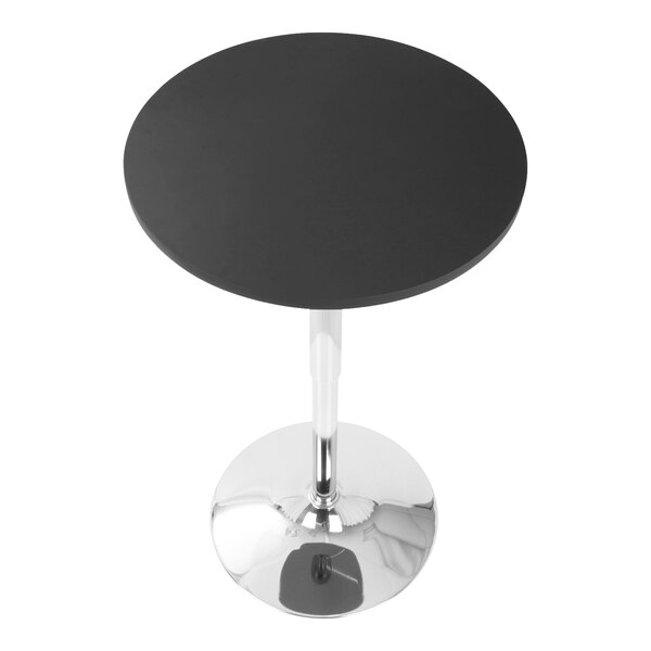 A round black adjustable height bar or pub table with a chrome base.