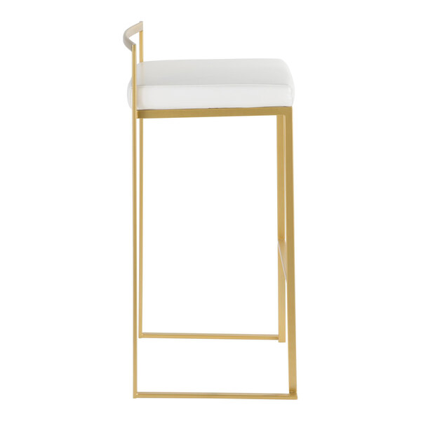 A modern barstool with a gold steel frame and a white faux leather seat.