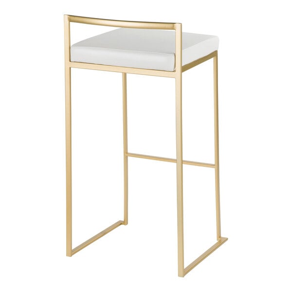 A modern barstool with a gold steel frame and a white faux leather seat.